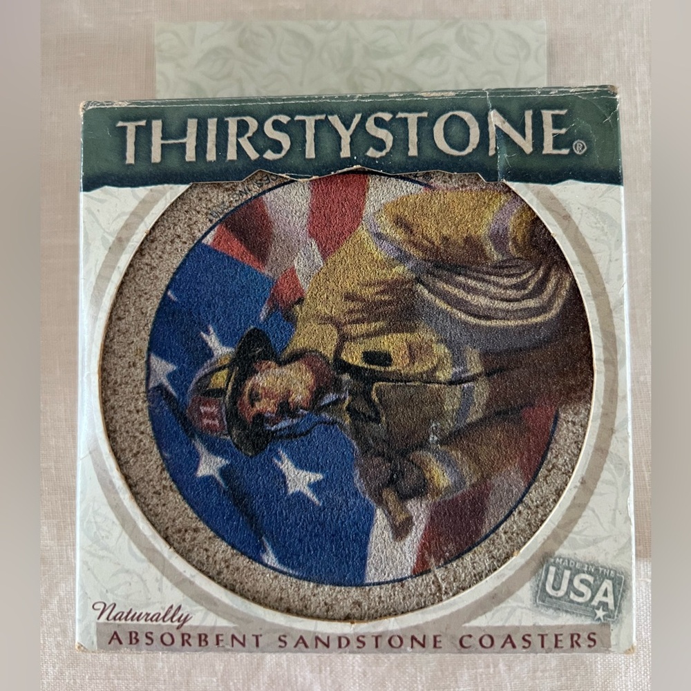 Vintage Thirsty Stone Coaster Firefighter - set of four matching sandstone